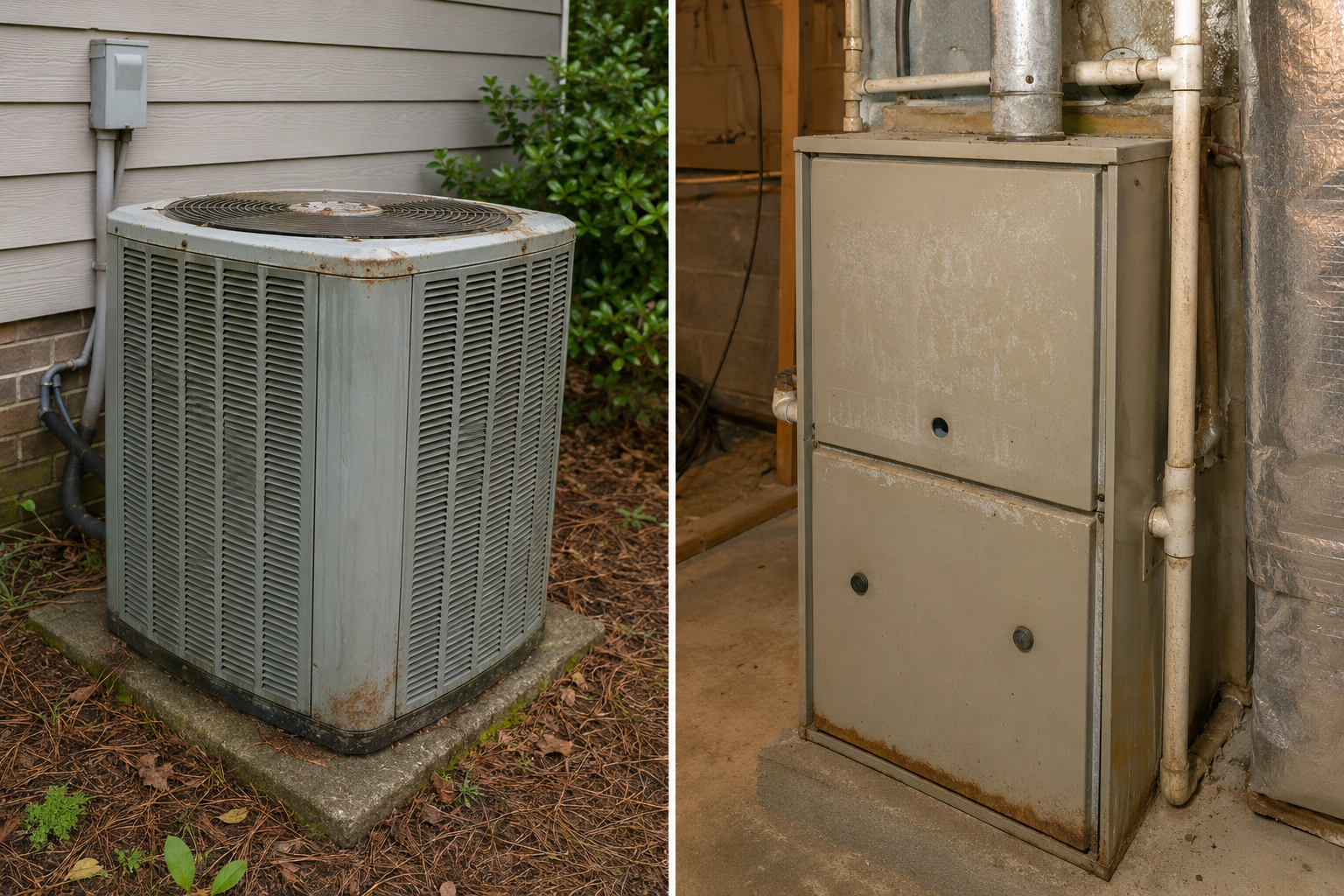 An older outdoor air conditioner beside an older indoor heating unit